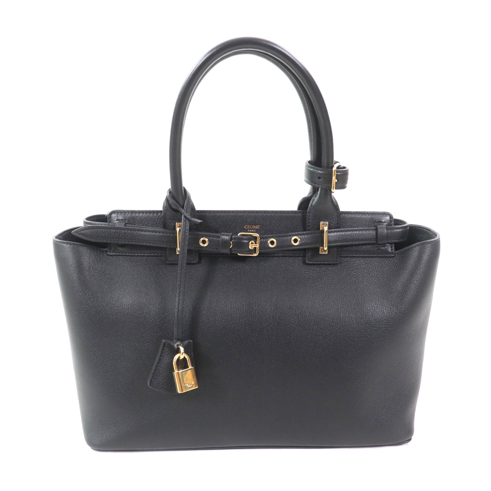 極美品&starf;CELINE セリーヌ 19987 コンティバッグ グレインドカーフスキン サプル ロゴ入り 南京錠 鍵付 ブラック 箱・袋付 定価946000円