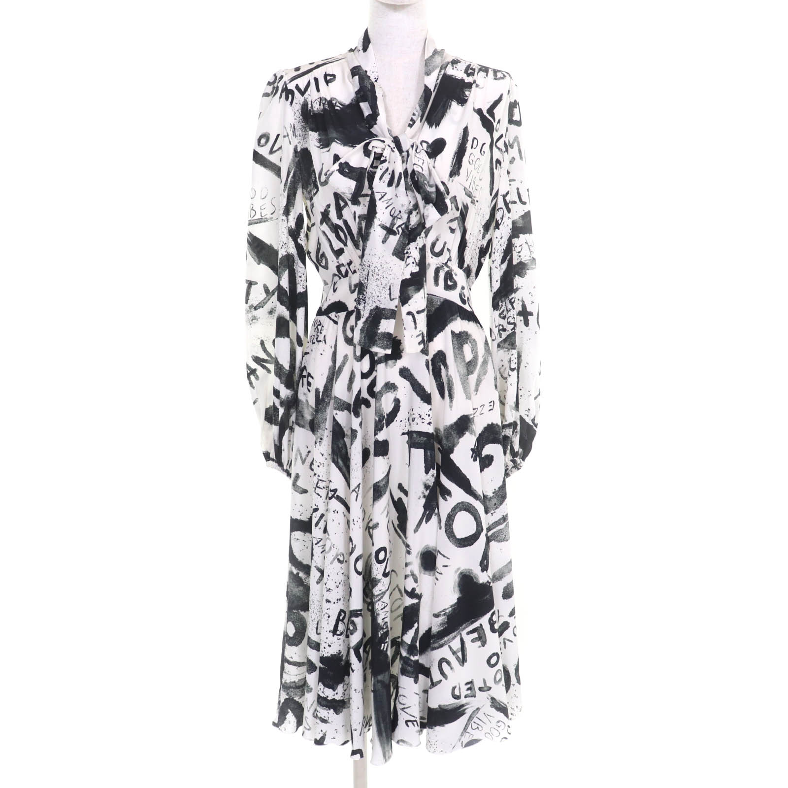 極美品&starf;ドルチェ＆ガッバーナ F6R3AT IS1JA-H シルク100％ White Graffiti Long Sleeves A-line Dress リボンタイ付 ワンピース 42