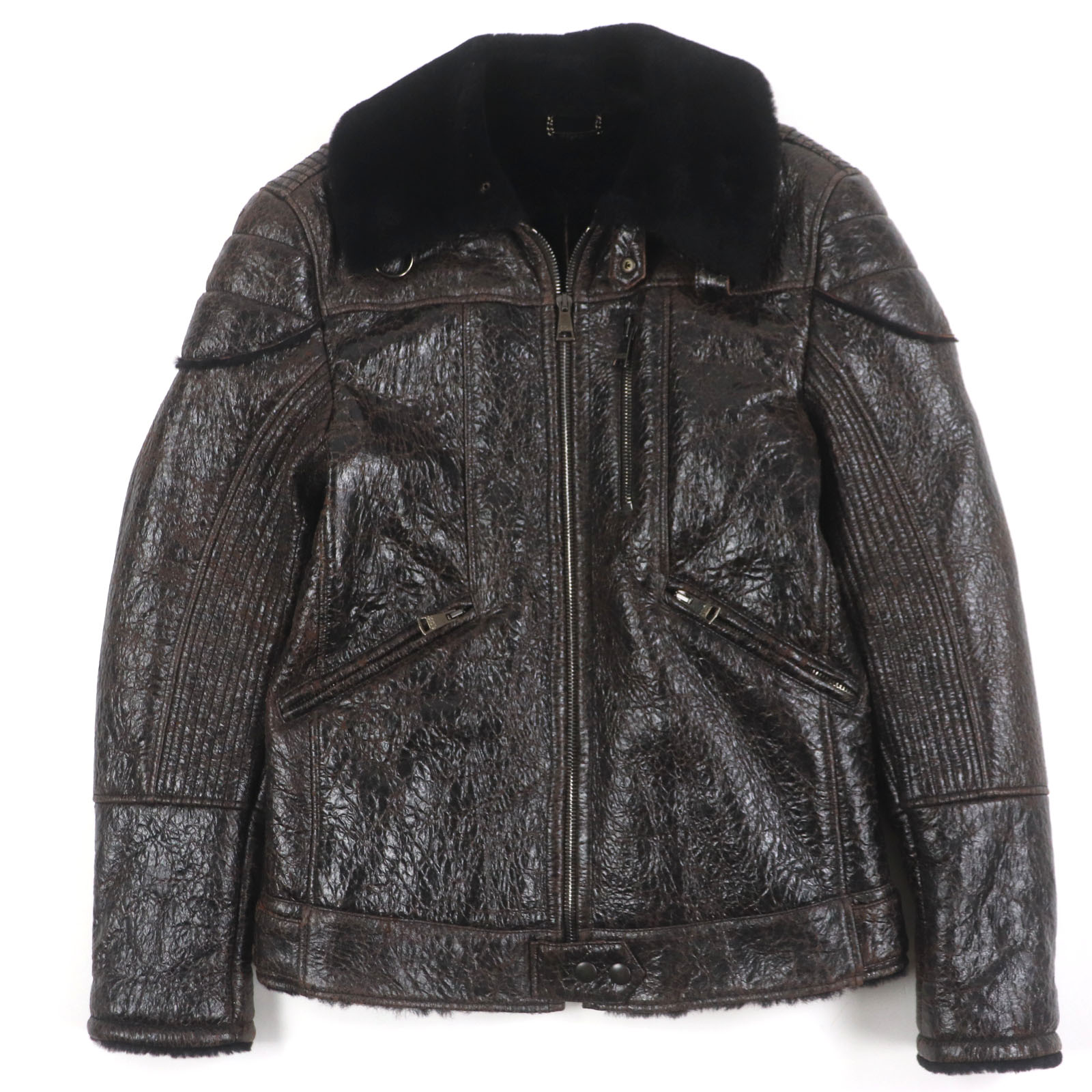 極美品▼DOLCE & GABBANA ドルチェ＆ガッバーナ FUPF9 ラムスキン ムートン 黒タグ ZIPUP フライト ジャケット ダークブラウン 48 メンズ