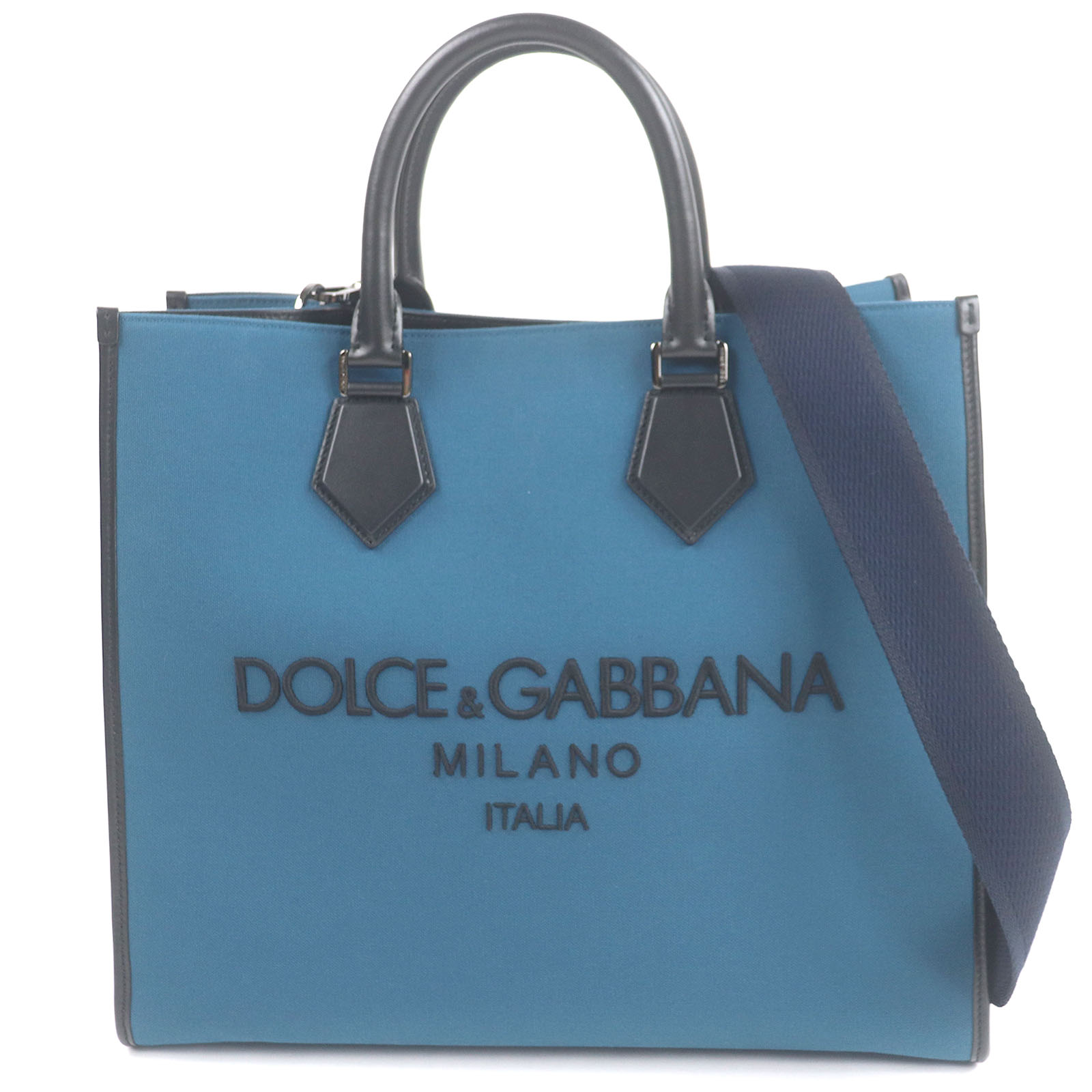 極美品□DOLCE & GABBANA ドルチェ＆ガッバーナ ロゴ ショッピングバッグ エッジ ラージ キャンバス レザー 2WAY トートバッグ ブルー