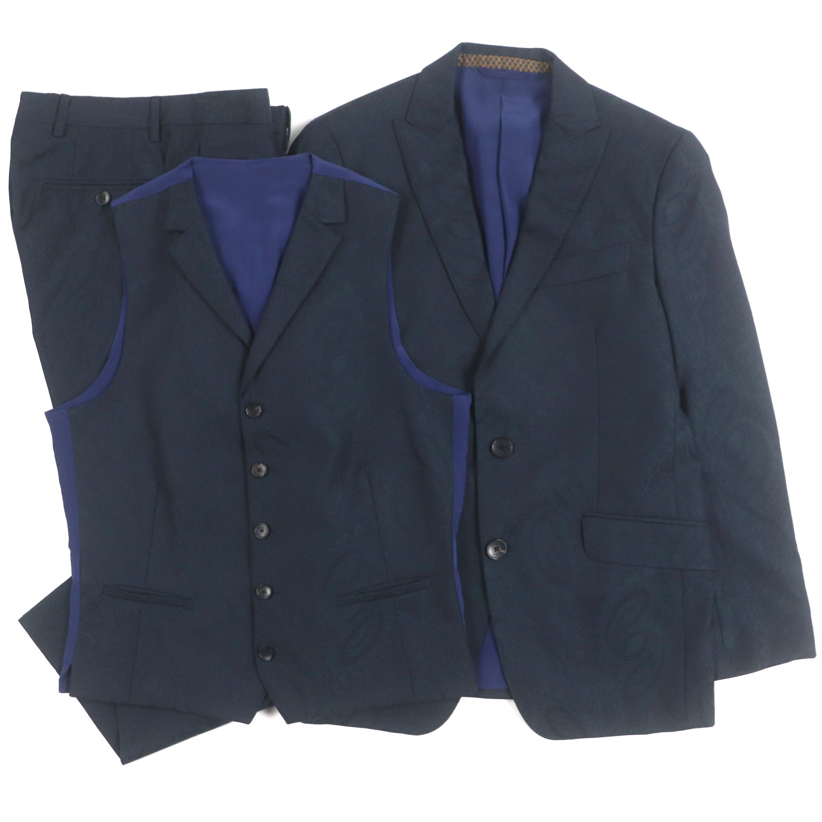 極美品▼ETRO エトロ 191-1A915-1235 裏地シルク100% ジャガードペイズリー柄 3ピース シングルスーツ セットアップ 46 正規品 メンズ