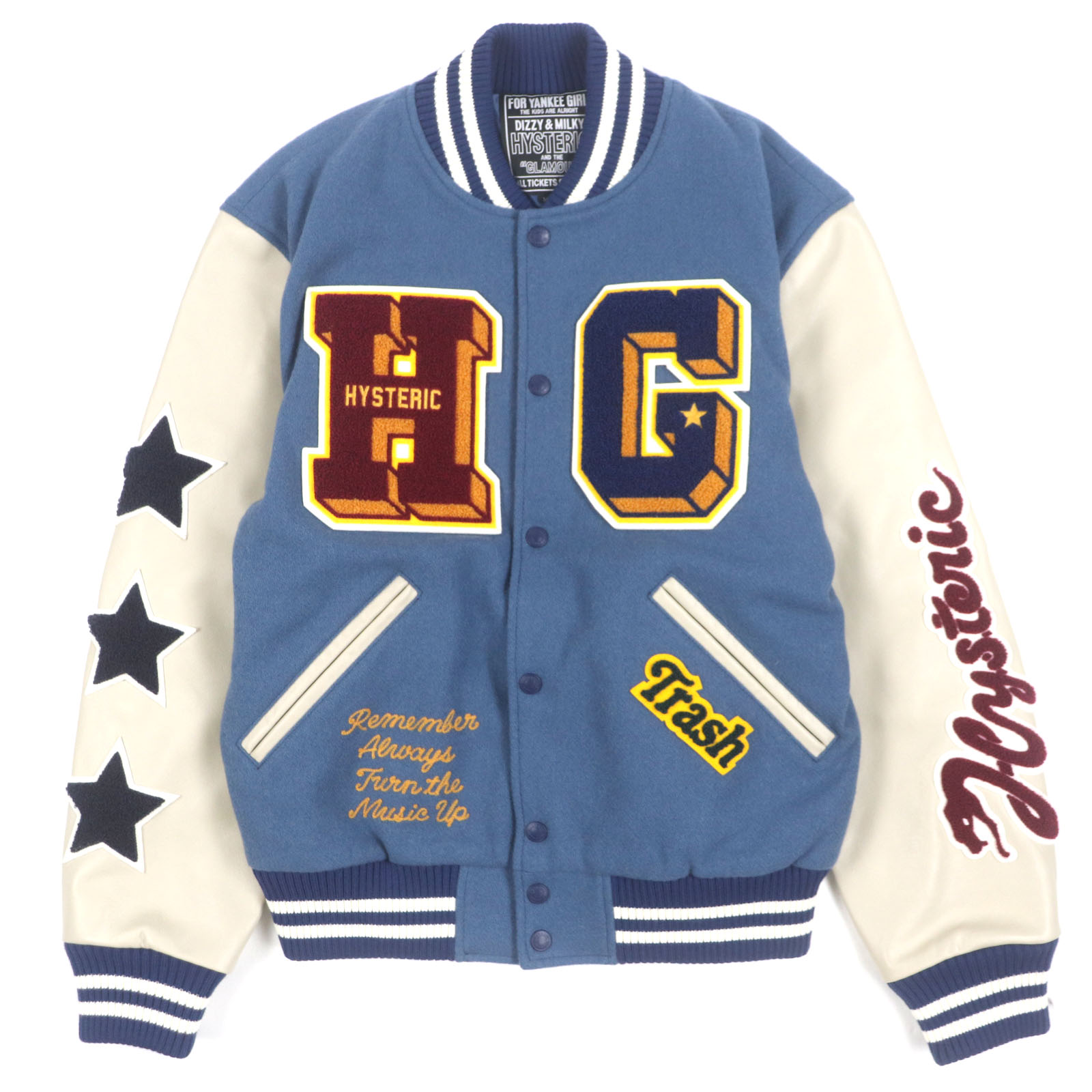 極美品▼HYSTERIC GLAMOUR ヒステリックグラマー 02243AB10 TURN THE MUSIC UP 刺繍 袖革 スタジアムジャケット スタジャン M 正規品