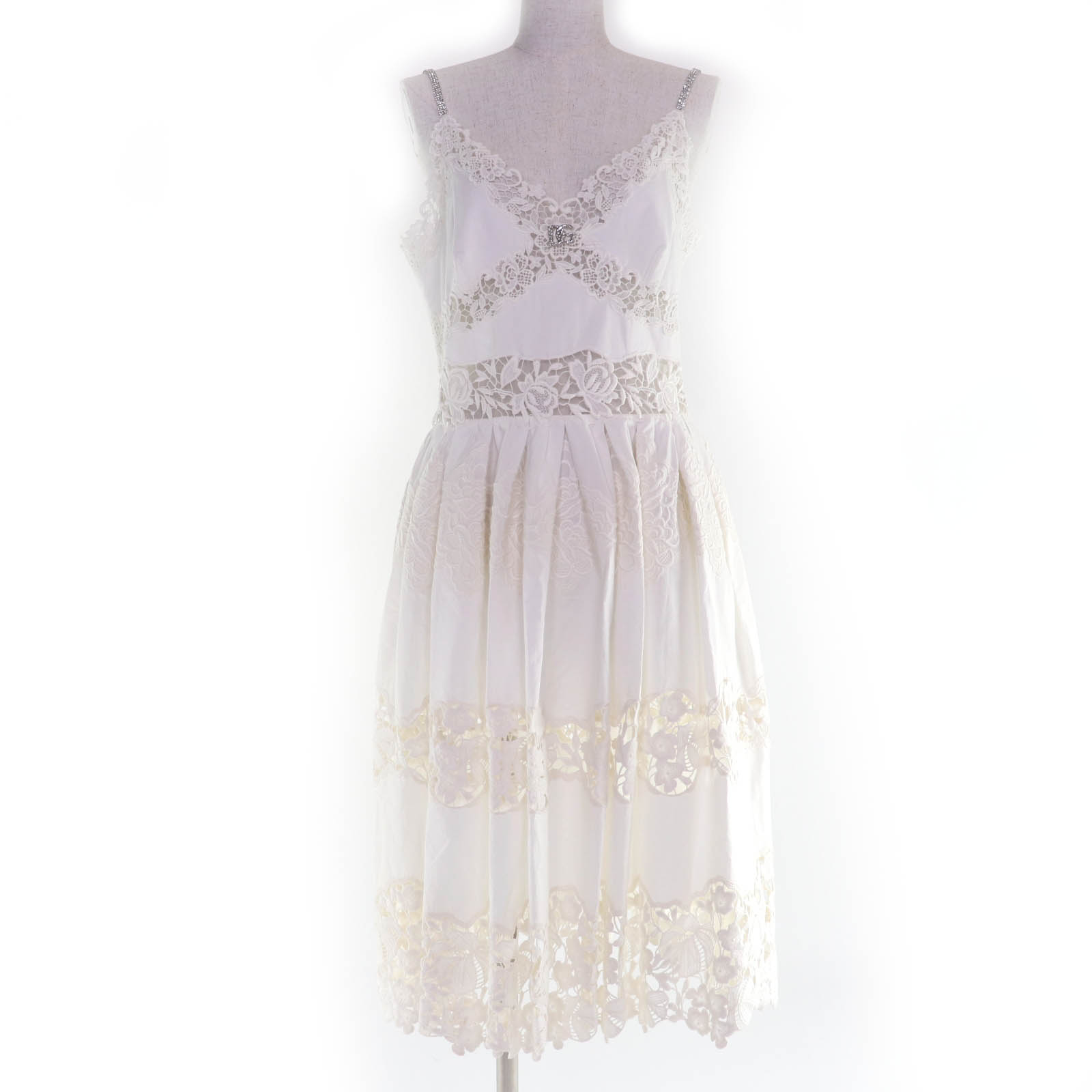 極美品☆DOLCE & GABBANA ドルチェ＆ガッバーナ カットワークレース DGビジュー ドレス ワンピース ホワイト 44 伊製 正規品 レディース