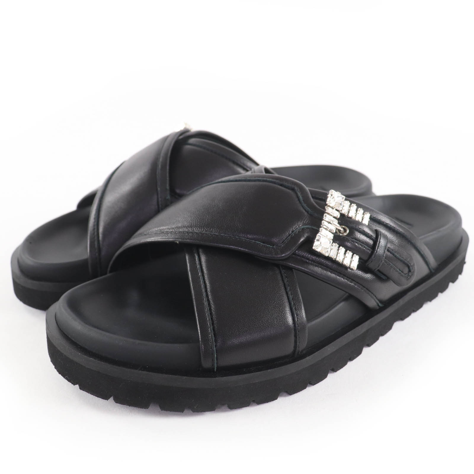 良品☆Sergio Rossi セルジオロッシ sr Twenty ビジュー付 レザー クロス サンダル ブラック 37.5 保存袋付き イタリア製 レディース