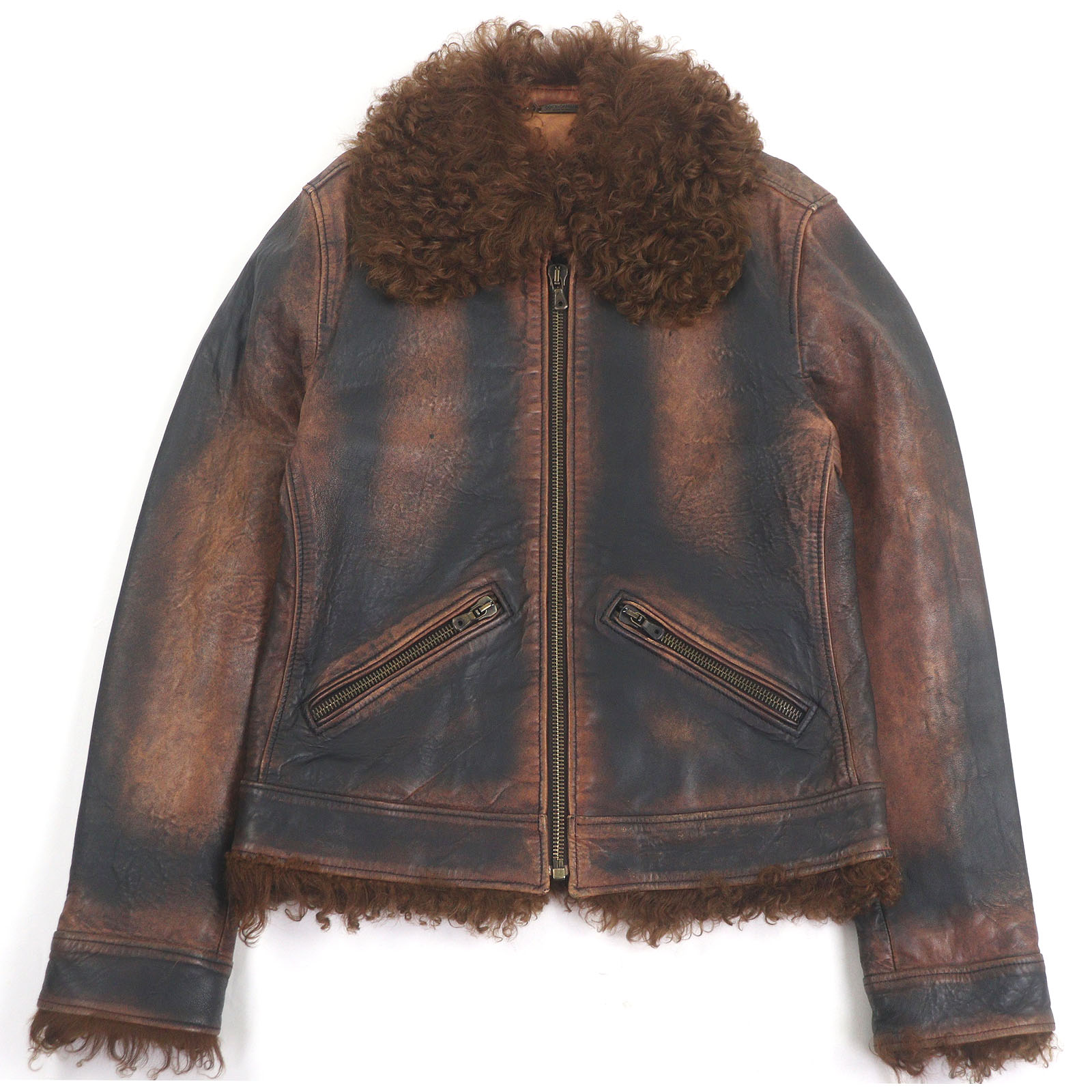 極美品□DOLCE & GABBANA ドルチェ＆ガッバーナ 黒タグ ラムファー ブルゾンジャケット レザージャケット ブラウン 46 イタリア製 正規品