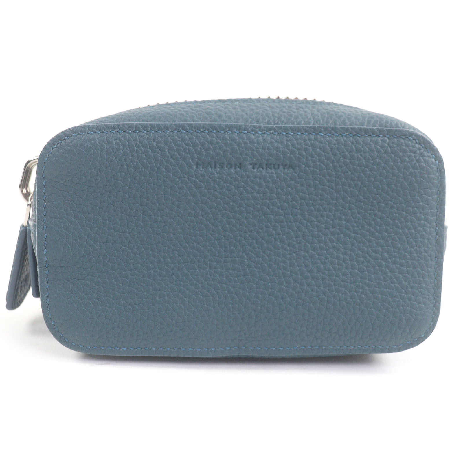極美品□MAISON TAKUYA メゾンタクヤ ラムレザー ロゴ入り トラベルポーチ ミニポーチ ピーコックブルー 保存袋付き メンズ 定価47300円