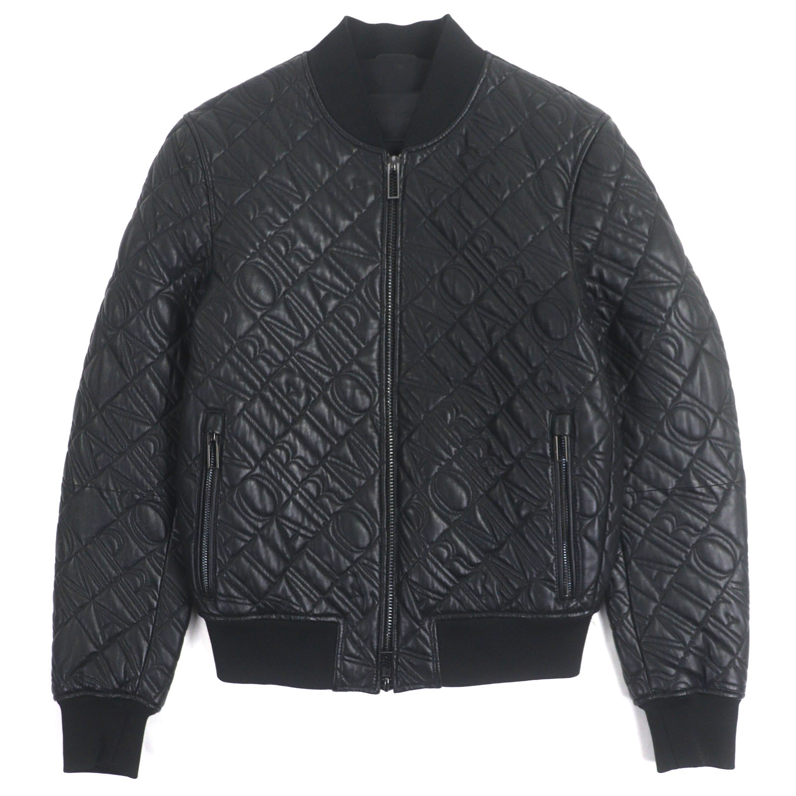極美品▼EMPORIO ARMANI エンポリオ アルマーニ 黒タグ ロゴ総柄エンボス加工 WZIPUP ラムレザージャケット ブルゾン 44 正規品 メンズ