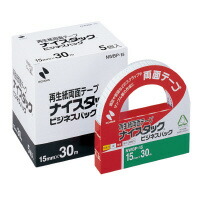 再生紙両面テープ１５mm×３０ｍ ５巻入●巻芯は再生紙●テープ基材・ホルダーは古紙パルプ配合●30m巻きの長尺タイプ、経済的な業務用