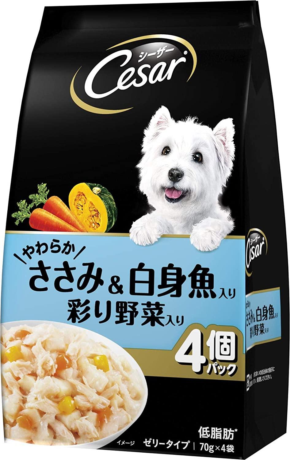 【商品番号】8786590【商品番号】8786590マースジャパンリミテッド シーザー パウチ 成犬用 やわらかささみ＆白身魚入り 彩り野菜入り 70g×4袋ドッグフード》ウェットJANコード：490