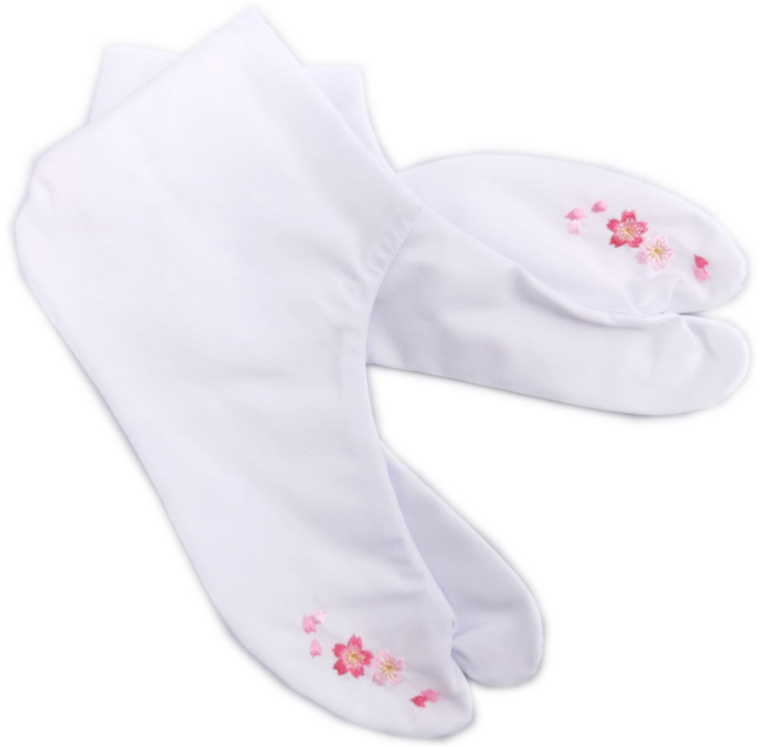 足袋 白 桜刺繍入り 4枚こはぜ 日本製 22.5〜25cm 振袖 成人式 卒業式 袴 結婚式 着物 訪問着 きもの 女性用 レディース 桜柄 さくら 4枚