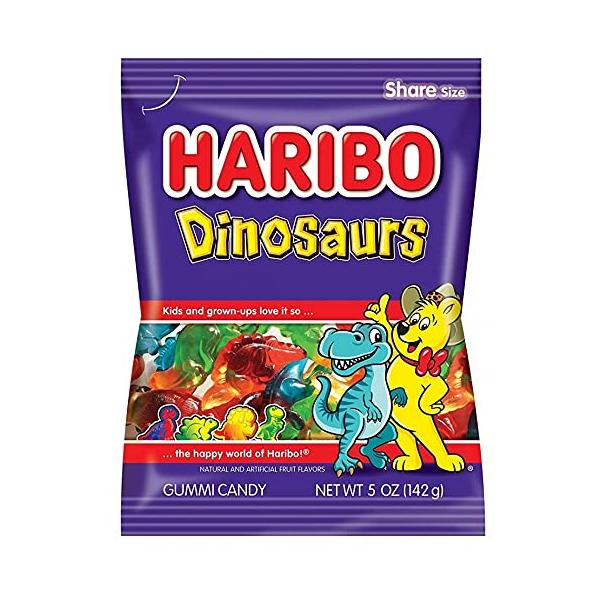 「商品情報」HARIBOから、見た目も楽しい「ダイナソー」の形をしたカラフルなグミキャンディがラインアップ。ストロベリー、アップル、ピーチ、ラズベリー、レモン、スイカの6フレーバー入り。フルーティな味