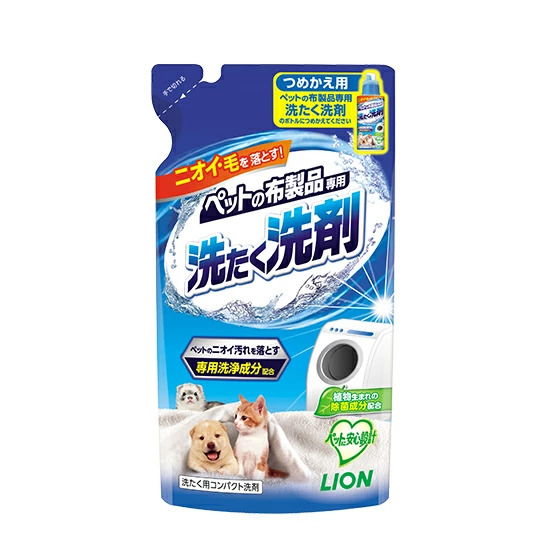 ペットの布製品専用 洗たく洗剤 つめかえ用 ペットの布製品を洗うための洗たく用コンパクト洗剤。 タオル、マット、毛布などのニオイから毛までスッキリ落とす。 ペットのニオイ汚れを落とす専用洗浄成分配合。