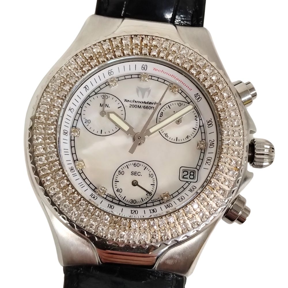 TECHNO MARINE テクノマリーン テクノダイヤモンド ダイヤベゼル クロノグラフ シェル文字盤 クォーツ 革ベルト メンズ 正規品 / C428