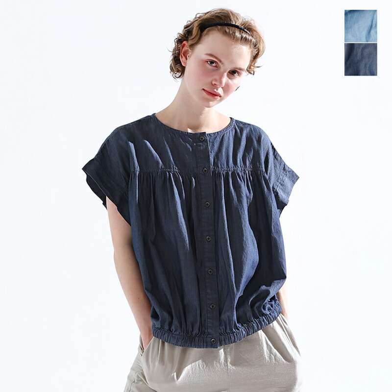 kelen(ケレン)より2way シルエット ギャザー 3.8oz デニム ブラウス "MEYA"のご紹介です。ふんだんに寄せたギャザーとシルエットのバランスが特別感のある前後2W