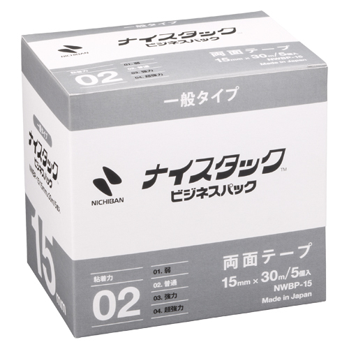 ニチバンナイスタック ビジネスパック（５個入）NWBP-15●寸法：幅１５ｍｍ×長３０ｍ●テープ厚：０．０９ｍｍ●用途：紙用●材質：基材＝古紙パルプ４０％再生紙，巻芯＝古紙使用●カッター付