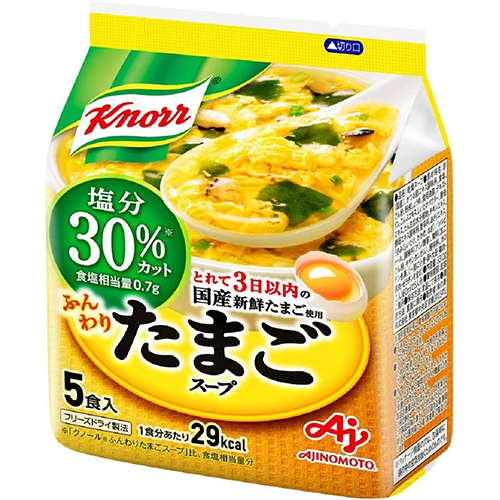(商品説明) 「とれて３日以内の国産新鮮たまご」を使用した、ふんわりたまごの減塩スープです。かつおと昆布のだしをきかせるとともに独自の減塩技術を使い、おいしく３０％減塩しました。 (原材料) 卵（国産