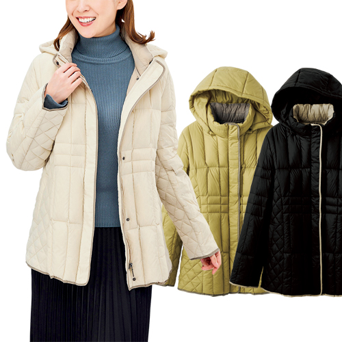 軽くてあたたかキルティングダウン 全3色 ダウンジャケット フード付き レディース 婦人服 ミセス シニア 女性 アイボリー イエロー ブラック 黒 軽い 軽量 アウター シンプル キルト シニアファ