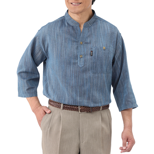 7分袖スラブシャツ 2色組 カジュアルシャツ 七分袖 バンドカラー メンズ 紳士服 シニア 男性 スタンドカラー 綿混 ベージュ ネイビー 薄茶色 紺色 胸ポケット サマー シンプル シニアファッショ