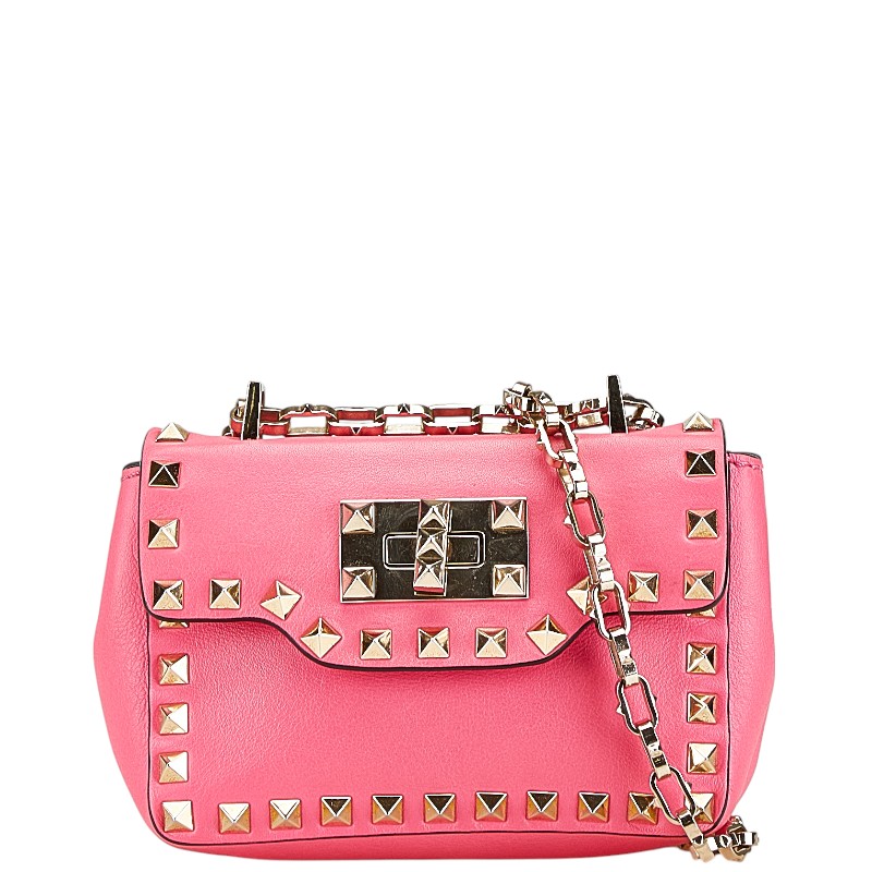 ヴァレンチノ スタッズ ミニ チェーン ショルダーバッグ ハンドバッグ ピンク ゴールド レザー レディース Valentino 【中古】
