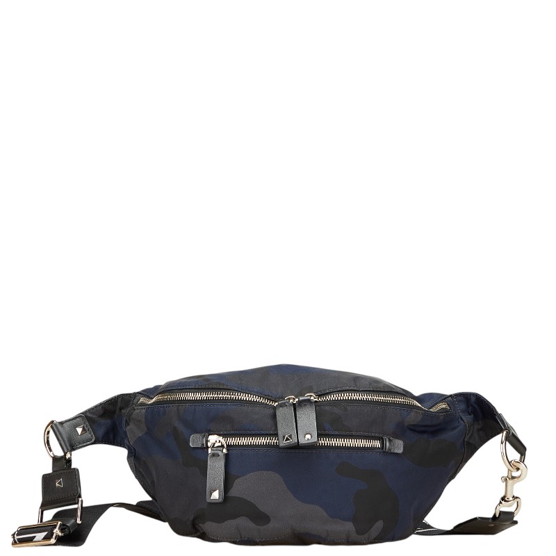 ヴァレンチノ ロックスタッズ カモフラ 迷彩 ウエストバッグ ボディバッグ ネイビー ブラック グレー ナイロン レザー Valentino 【中古