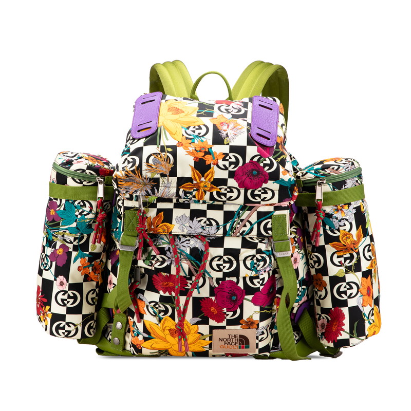 グッチ × ノースフェイス 花 フラワー モチーフ リュック バックパック 650294 グリーン マルチカラー ナイロン レザー GUCCI 【中古】