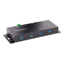 過酷な環境に適した工業・業務用のUSBハブで、パソコンのUSBポート1口に4台のUSB Type-A 3.2 Gen1(5Gbps)デバイスを増設