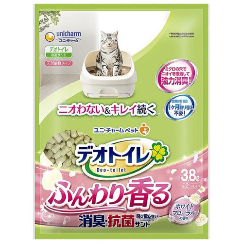 「デオトイレ香るサンド」は、しっかり消臭、香りつきでいつも快適な猫用システムトイレ取替サンド(猫砂)です。・約1ヶ月交換不要※1の「消臭サンド」はオシッコをサッと下層に通過させ、オシッコが固まらないの