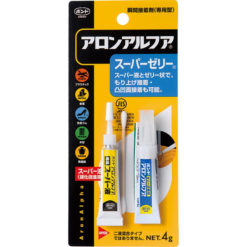 ゼリー状・タレない・しみ込まない 用途広い・充てんOK・ハイスピード接着・スーパー液付 スーパー液とゼリー状で、もり上げ接着・凸凹面接着も可能小物細工・装飾品や模型の製作・家具・建具のはがれ・カケ割れ