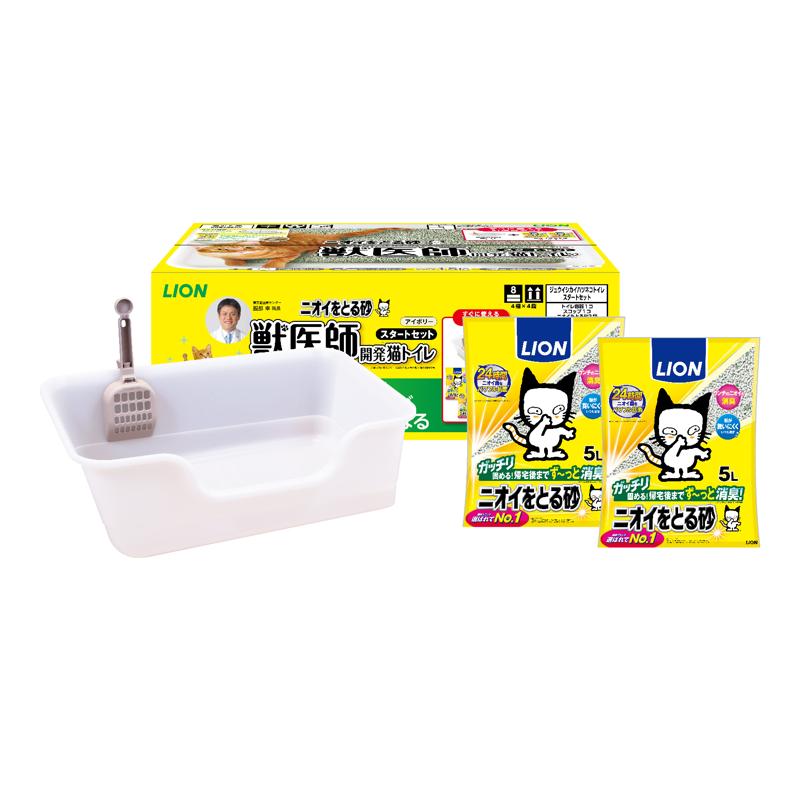 ゆったりサイズの獣医師開発猫トイレに「ニオイをとる砂５Ｌ」が２袋入ったお買い得なセット品。【原材料】猫砂：ベントナイト、消臭・抗菌剤 トイレ、スコップの材質：ポリプロピレン樹脂【原産国】日本【使用方法