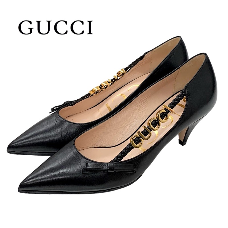 グッチ GUCCI パンプス 靴 シューズ レザー ブラック 黒 ゴールド ロゴ金具 リボン 送料無料