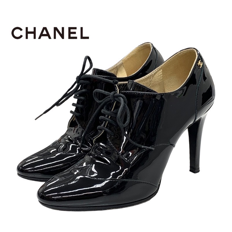 シャネル CHANEL ブーツ ショートブーツ ブーティ レースアップ ココマーク パテント ブラック 送料無料