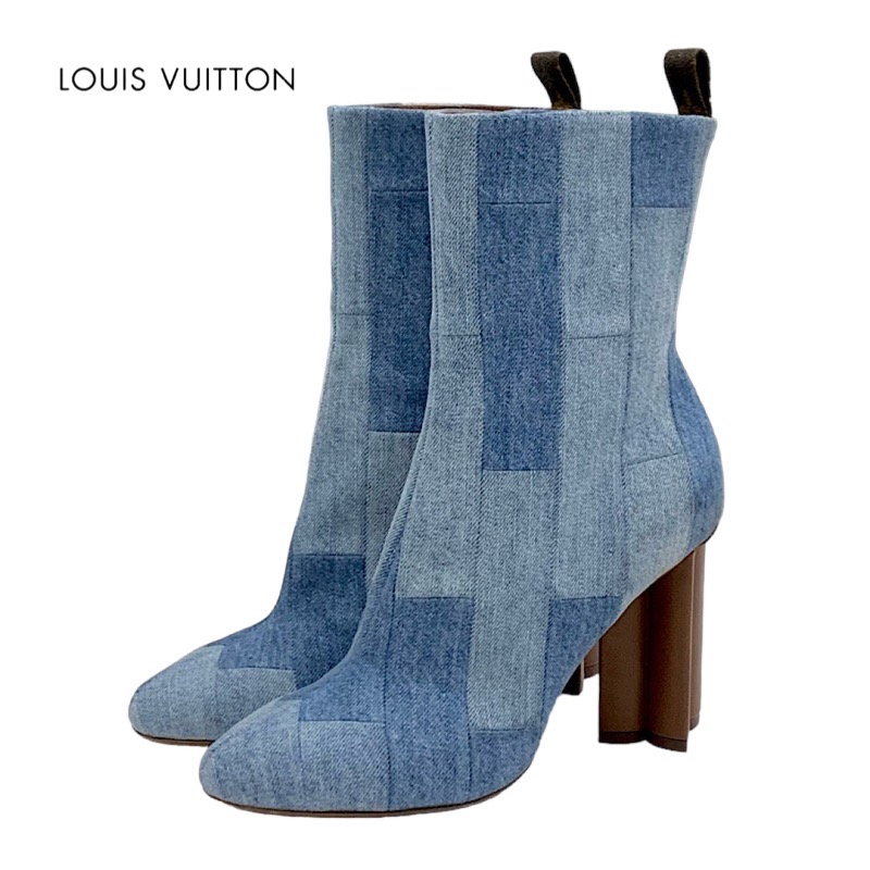 未使用 ルイヴィトン LOUIS VUITTON シルエットライン ブーツ ショートブーツ アンクルブーツ 靴 シューズ デニム ライトブルー 送料無料