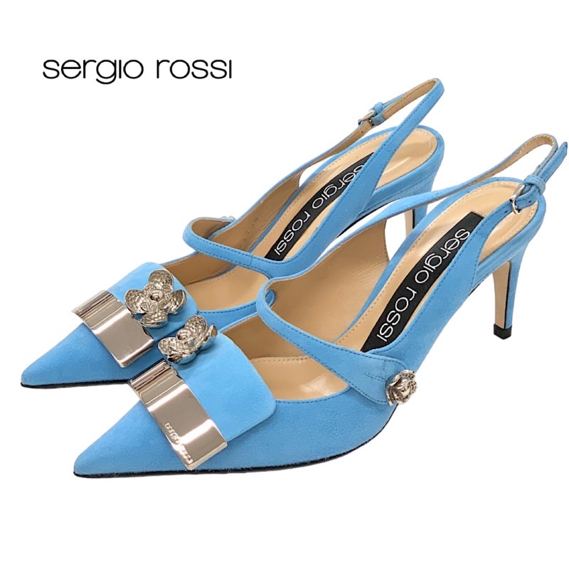 セルジオロッシ sergio rossi パンプス 靴 シューズ スエード ライトブルー 未使用 サンダル sr1 フラワー プレート スリングバック 送料無料