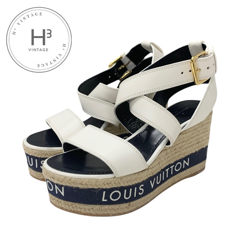 ルイヴィトン LOUIS VUITTON バウンダリ―ライン サンダル 靴 シューズ レザー ホワイト ネイビー 白 ロゴ ウェッジソール アンクルストラップ 送料無料