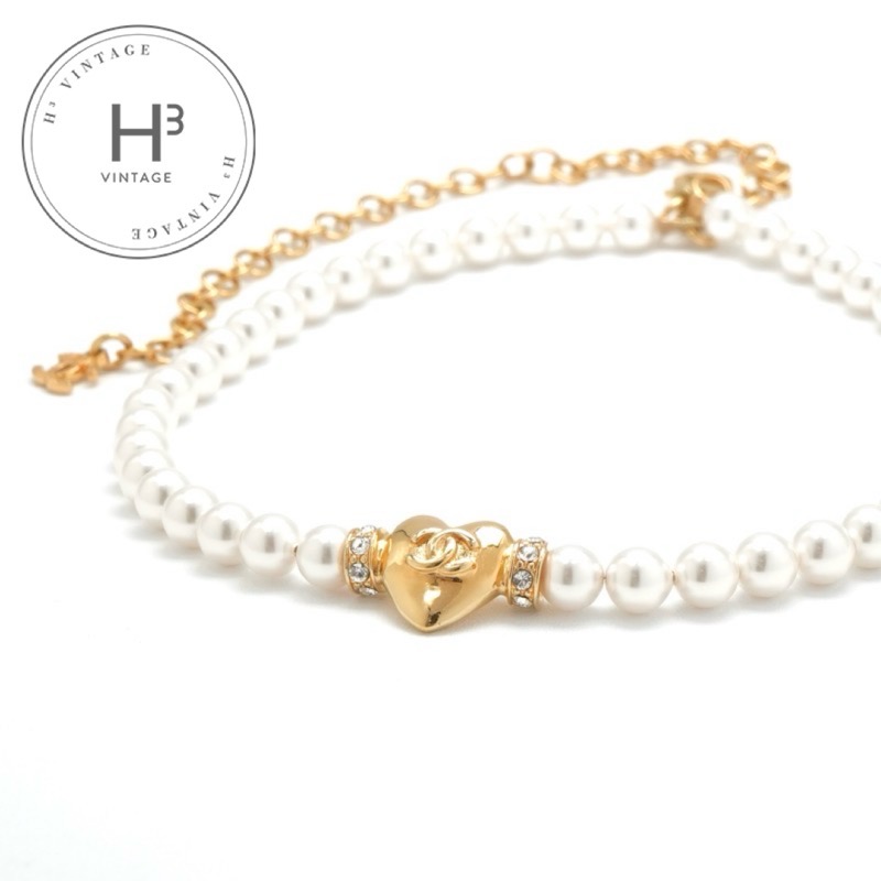 シャネル CHANEL ネックレス ペンダント チョーカー ホワイト ゴールド ハート ココマーク ラインストーン