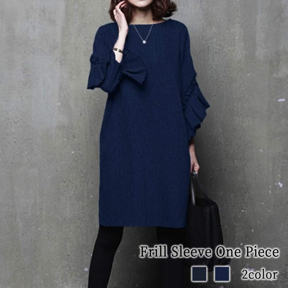 【商品名】フリル袖ワンピース【カラー】ダークネイビー ネイビー【サイズ】S M L【サイズ表記】・Sサイズ:着丈89 身幅98 肩幅38 袖丈43・Mサイズ:着丈90 身幅102 肩幅39 袖丈44・