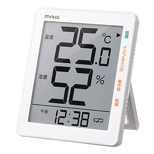 ・ホワイト 12.0×9.9×2.3cm TH-105 WH ・本体サイズ:約高さ12.0×幅9.9×奥行き2.3cm ・本体重量:約130g ・材質:樹脂 ・機能:環境目安表示、温度表示、湿度表示、