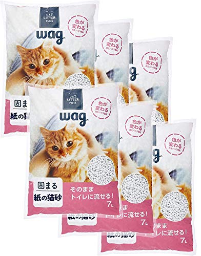 紙製・ 42L7L×6袋 ・本体サイズ 幅X奥行X高さ:43.0×29.0×7cm ・本体重量:1.68kg ・トイレットペーパーでも使われる再生パルプを使った猫砂 ・水に溶けやすい性質をそのままに、