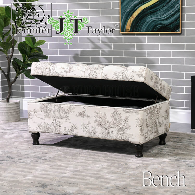 【Jennifer Taylor Toile de Jouy トワルドジュイ】 ■サイズ(cm)： 94×51×46H 内寸：86×42×21H 脚：6×6×10H ■カラー： ホワイト / グレー 