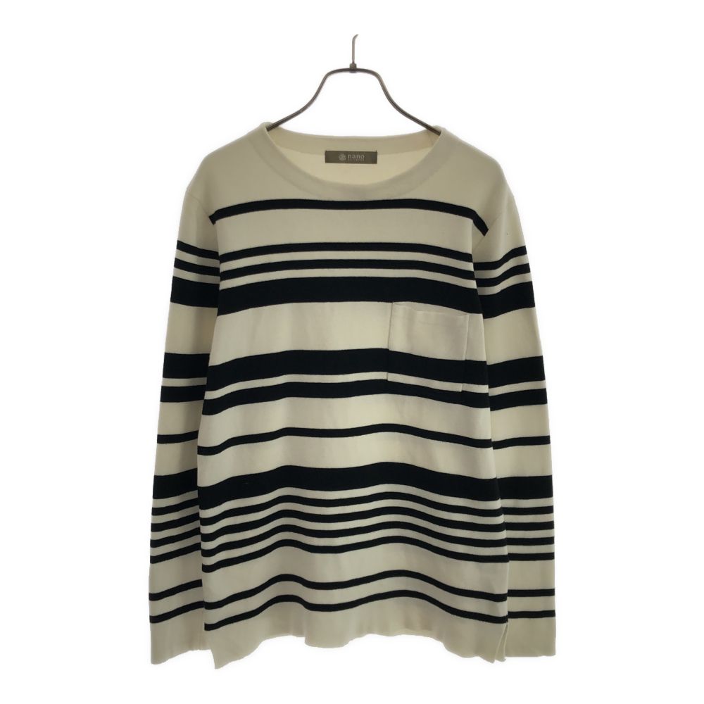 ナノユニバース マルチボーダー 長袖 胸ポケット付 カットソー M ホワイト×ブラック nano universe メンズ