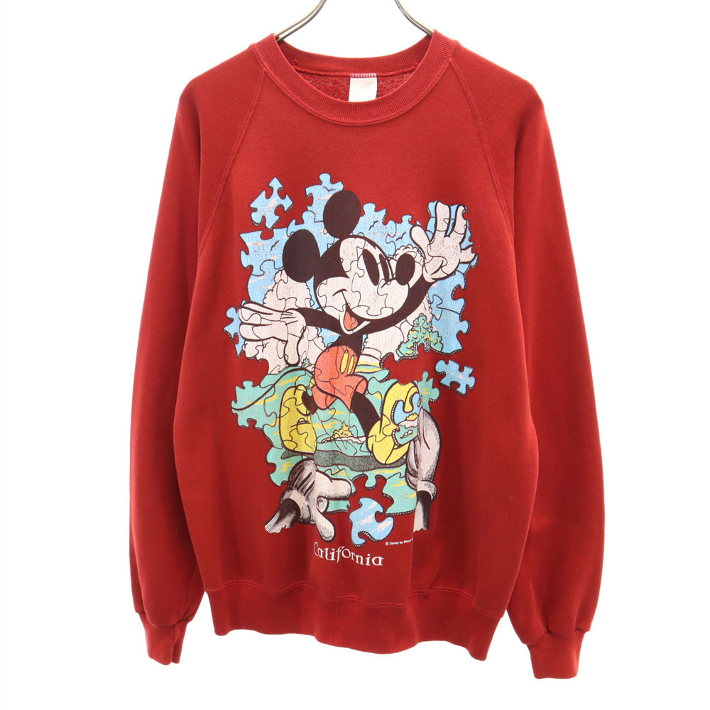 ジャージーズ 90s USA製 オールド パズル ミッキーマウス 長袖 スウェット トレーナー L レッド JERZEES Disney ディズニー クラック加工 メンズ ※サイズに関しまして実寸も参
