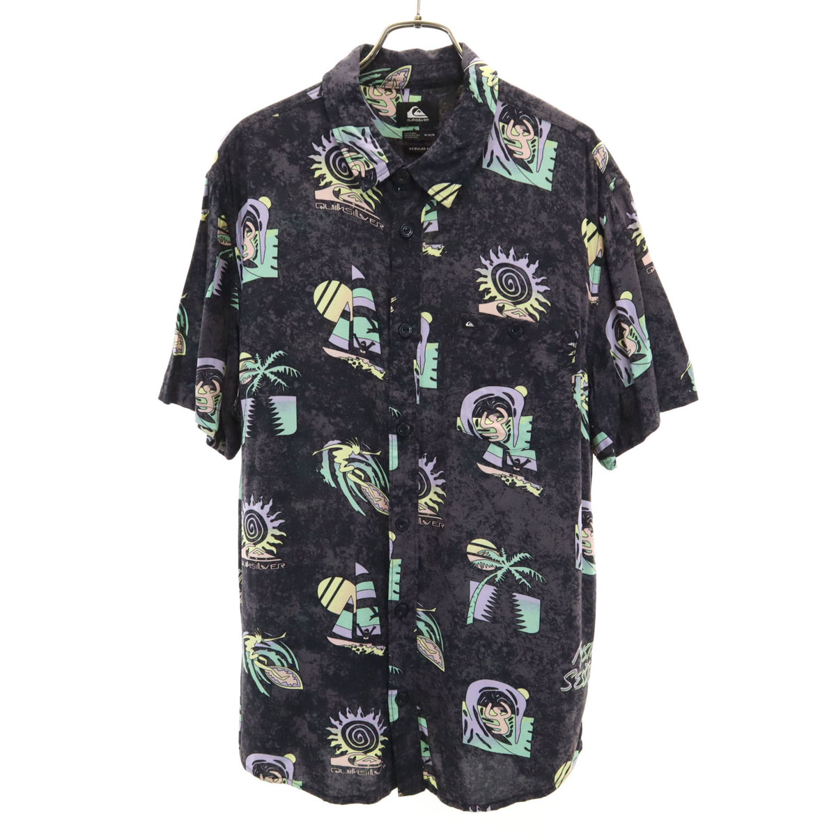 Quiksilver クイックシルバー 総柄 半袖 シャツ M 黒系 メンズ