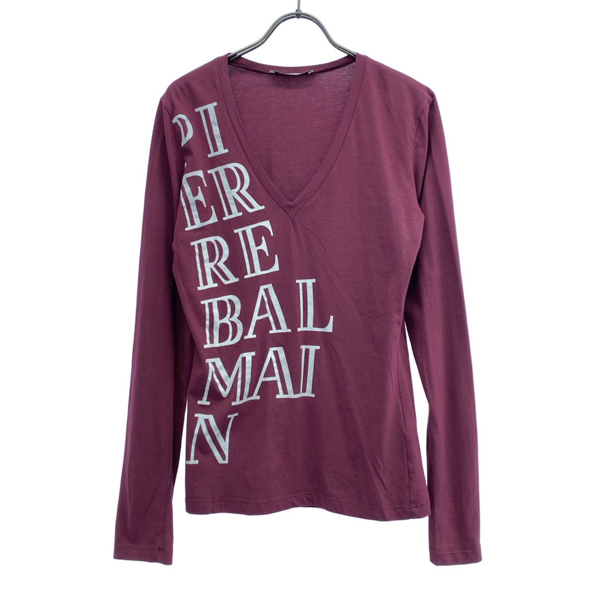 PIERRE BALMAIN ピエールバルマン ロゴプリント 長袖 Vネック カットソー 38 バーガンディー ロンT メンズ