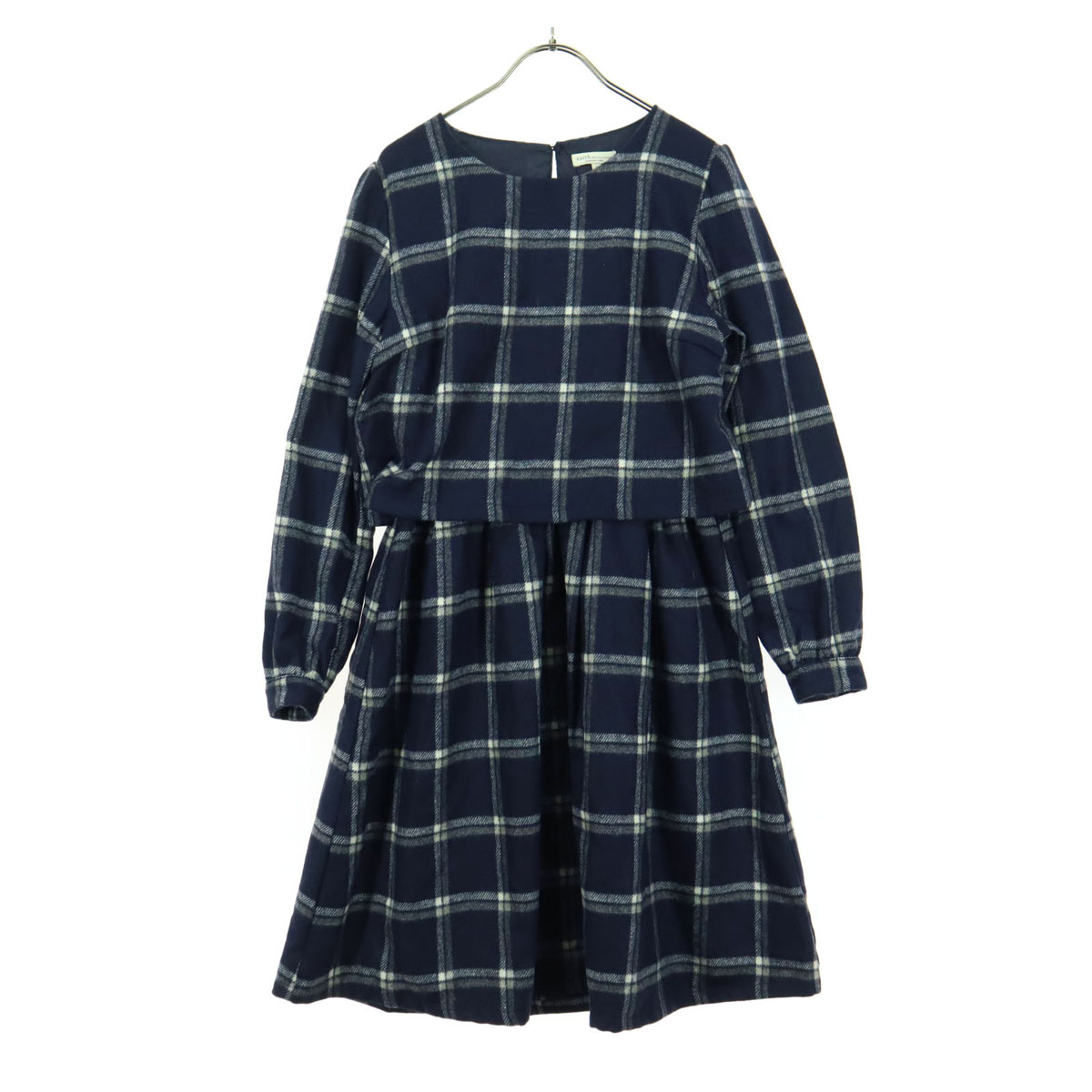 美品 earth music & ecology アースミュージックアンドエコロジー チェック柄 長袖 膝丈ワンピース M ネイビー レディース