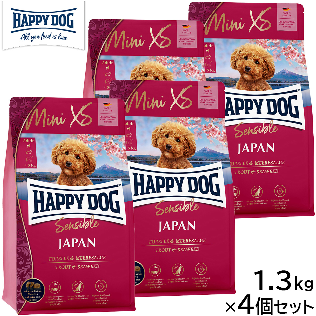 「ミニ XSジャパン」は、消化しやすくおなかに優しい最高品質のチキン精肉に、皮膚被毛を健康で美しく整えるトラウトや海藻を組み合わせ、亜麻仁やペクチン豊富なアップルポマスなど、胃腸の調子を整える原材料を