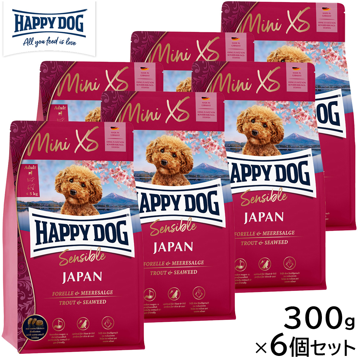 「ミニ XSジャパン」は、消化しやすくおなかに優しい最高品質のチキン精肉に、皮膚被毛を健康で美しく整えるトラウトや海藻を組み合わせ、亜麻仁やペクチン豊富なアップルポマスなど、胃腸の調子を整える原材料を