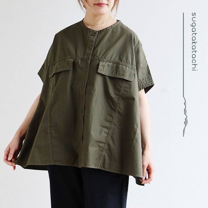 r250203011 [商品説明] [素材]コットン100% シャツ テントラインシャツ 半袖 レディース ノーカラー 日本製 コットンツイル 薄手 軽い しっかり生地 タフ ポケット ゆったり 大き