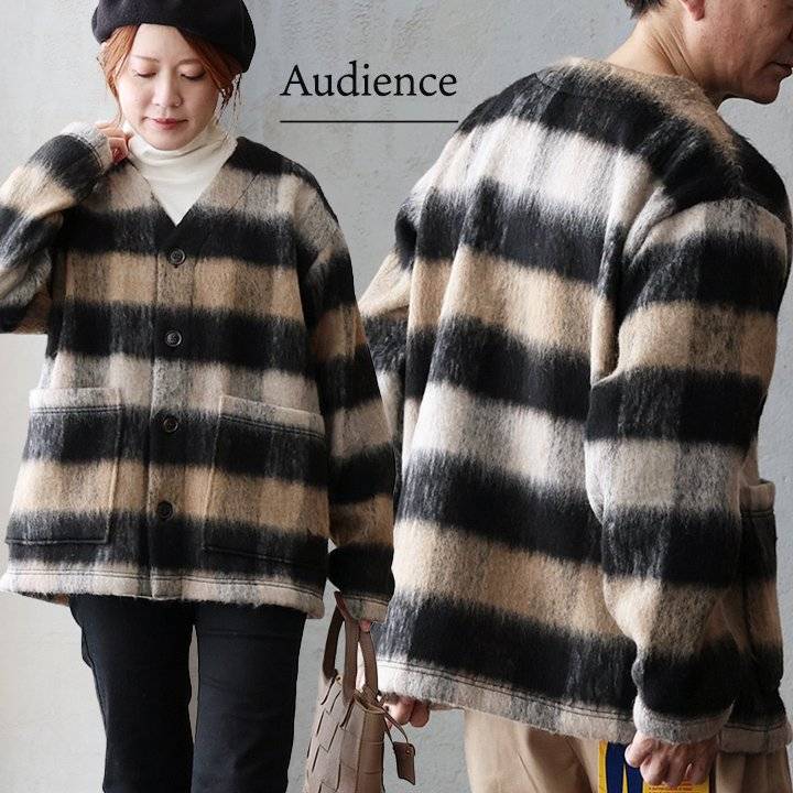 ジャケット ノーカラージャケット 長袖 メンズ レディース Vネック シャギーチェック ポリエステル ウール 軽い 暖かい エコ サスティナ