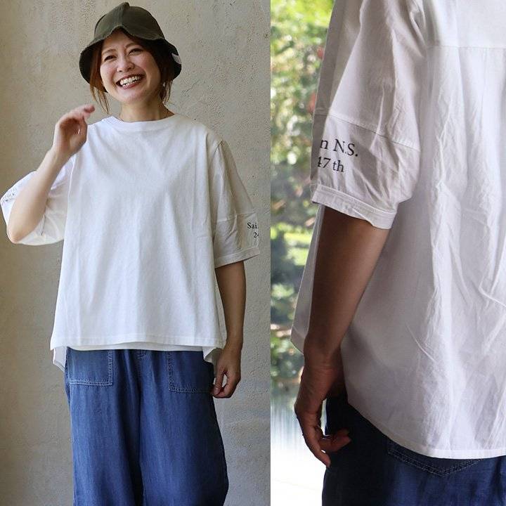 r250701001 [商品説明] ・ベースはドライな質感のコットン100％の天竺地。袖や背中は薄軽ながらも、ハリがあり、シャツのようなきちんとさを持っているコットン布帛地。 ・どちらもコットン100