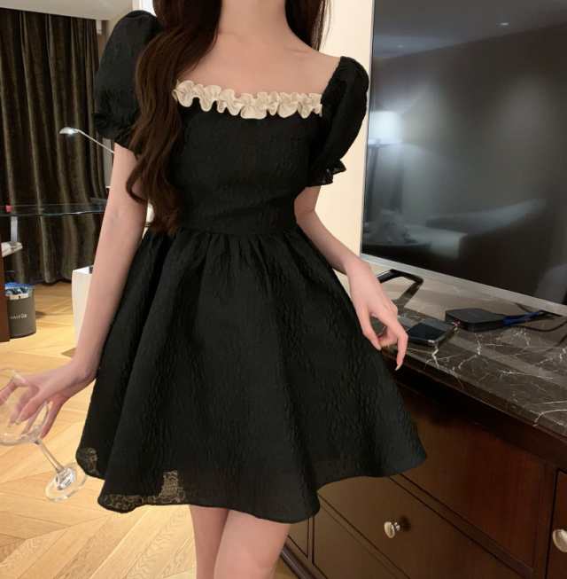 ワンピース レディース ワンピドレス フレアワンピース ロジスワンピ 送料無料 個性的 夏服 ミニ ショート ひざ上 半袖 五分袖 二の腕カバー バルーン袖 ぽわん袖 パフスリーブ スクエアネック フ